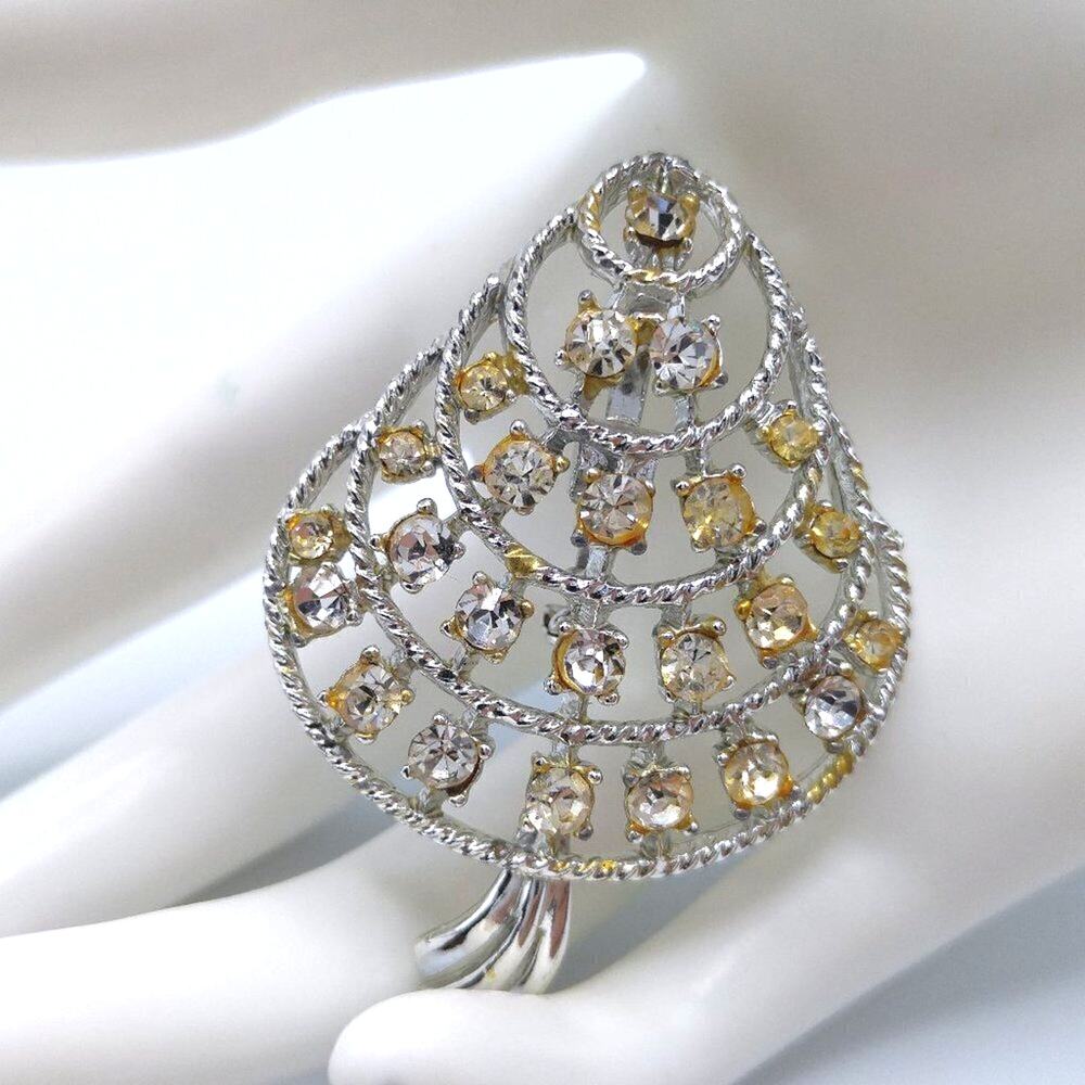 Vintage Clear Rhinestone Leaf Brooch, 2 1/4 Inches